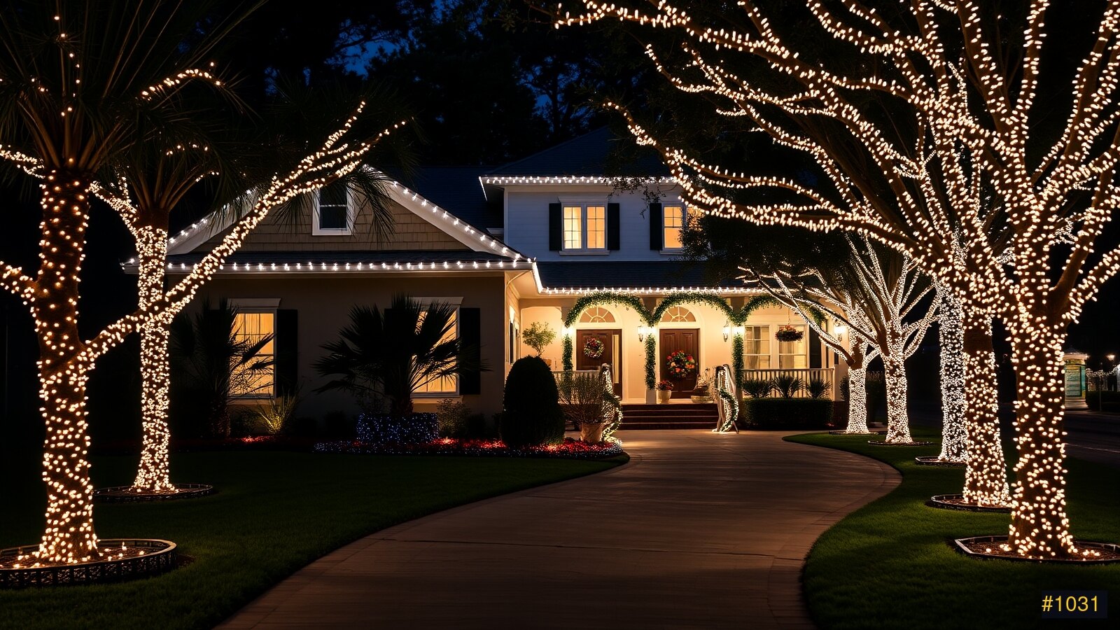 A home and street beautifully lit for Christmas at night